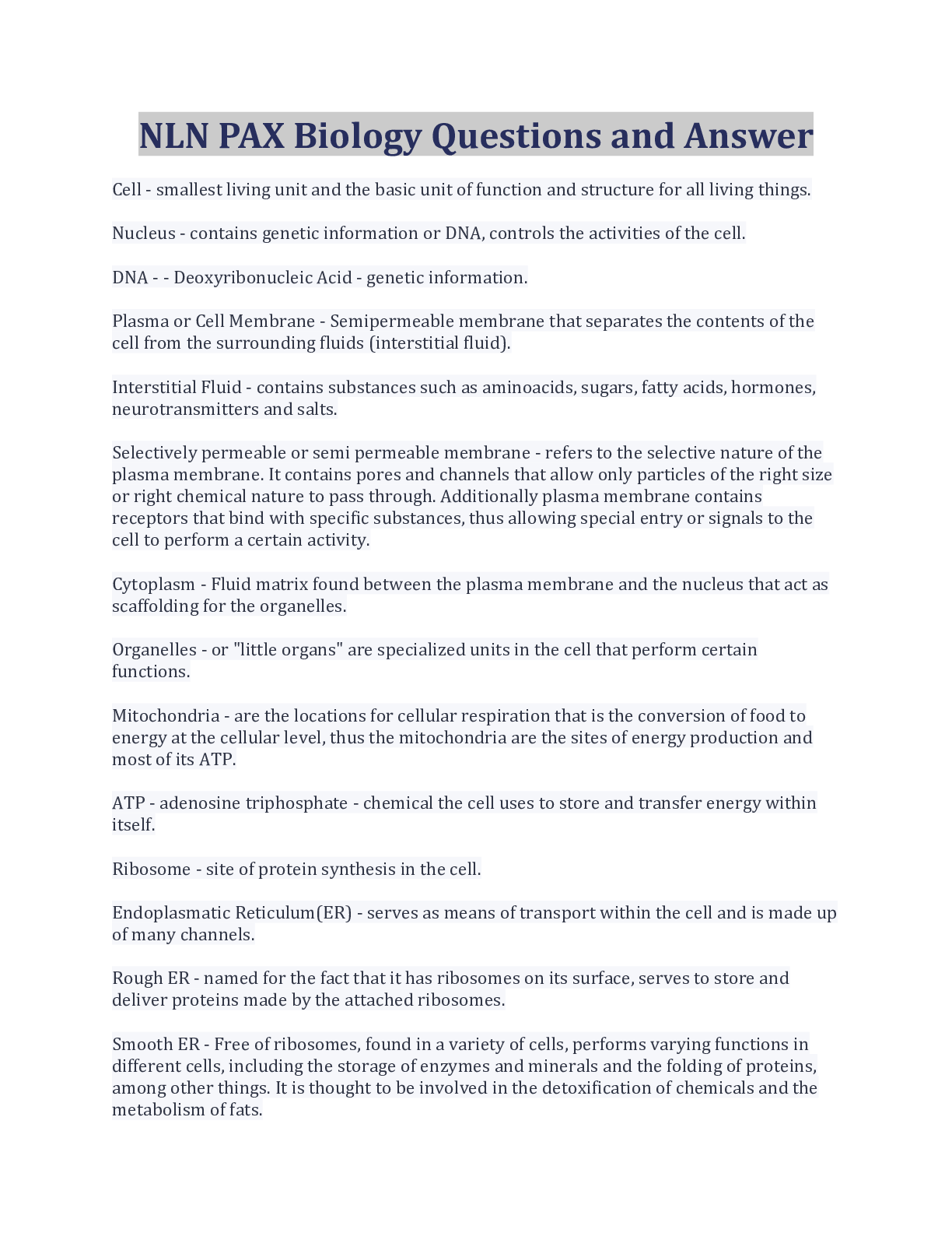 Preview of NLN PAX Biology Questions and Answer 100% Correct